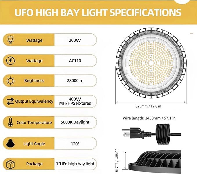 SOUTHLEVY 6 Pack UFO 200W LED High Bay Light,5000K,28,000LM, 5 ft Cable with US Plug UL Certified Plug, IP65 Commercial Warehouse Area Light for Wet Location Area, Workshop, Garage