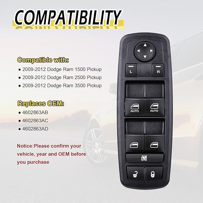 Vurkcy Driver Side Power Window Switch Door Lock Control Button Compatible with 2009 2010 2011 2012 Dodge RAM 1500/2500/ 3500 Quad & Crew Cab Pickup, Double Auto Buttons Replaces 4602863AB, 4602863AC
