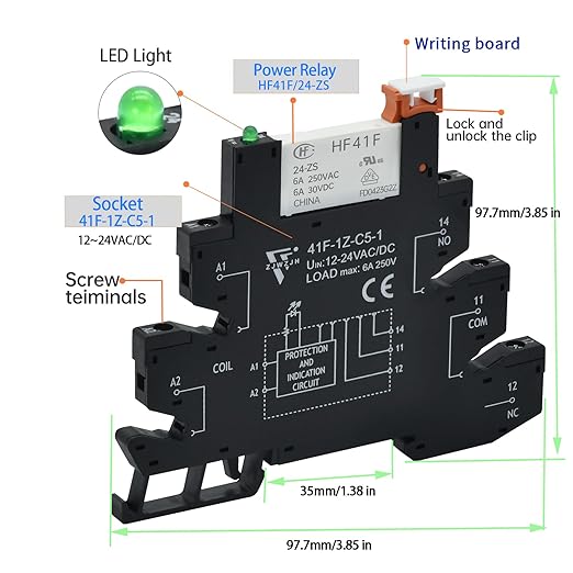 10Pcs Miniature Relay 24V DC, 24V AC 6Amp SPDT with LED Indicator with Socket 41F-1Z-C5K with Din Rail Silm Signal Relay for PLC
