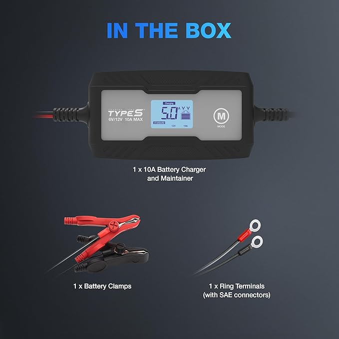 Type S 10A Smart Battery Charger & Maintainer, 6V & 12V Fully Automatic Trickle Charger, Jump Start Assist Battery Recovery Mode Auto-Voltage Detection Safe Charging for Cars Motorcycles ATVs Boats