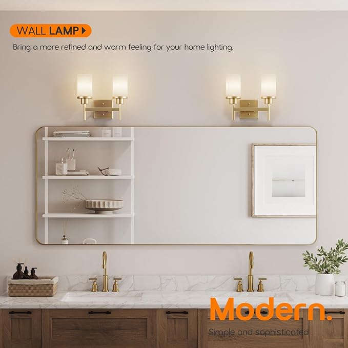AONEON Vanity Lighting Fixtures with White Frosted Glass Shade, Double Wall Lamps for Bathroom Mirror Bedroom Living Room Washroom Porch, Gold T001GD-L2