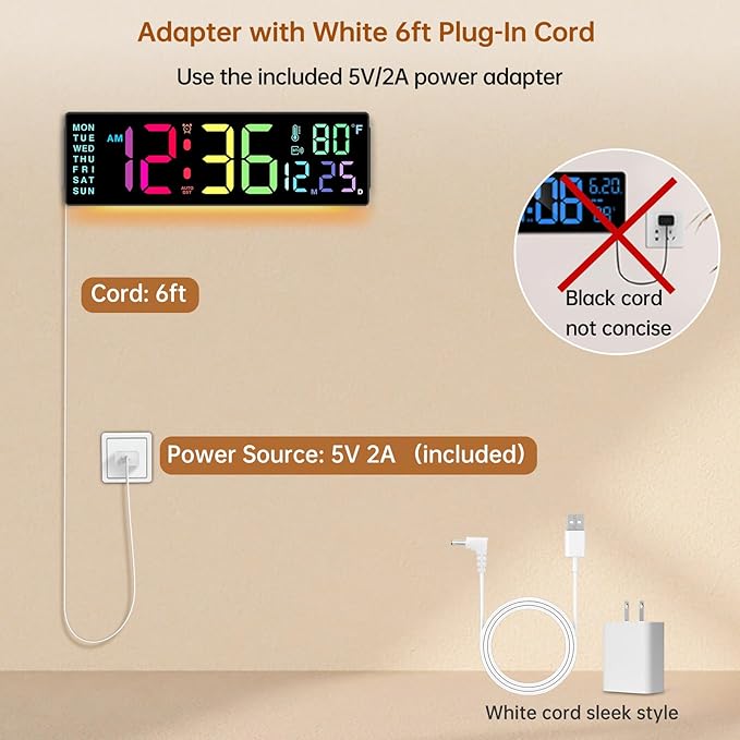 Soobest 14.2" Large Digital Wall Clock with Bluetooth Auto Sync Time Date Day, LED Big Display, 12 Colors, Count Down Timer＆Temperature for Classroom, Living Room, Gym Home