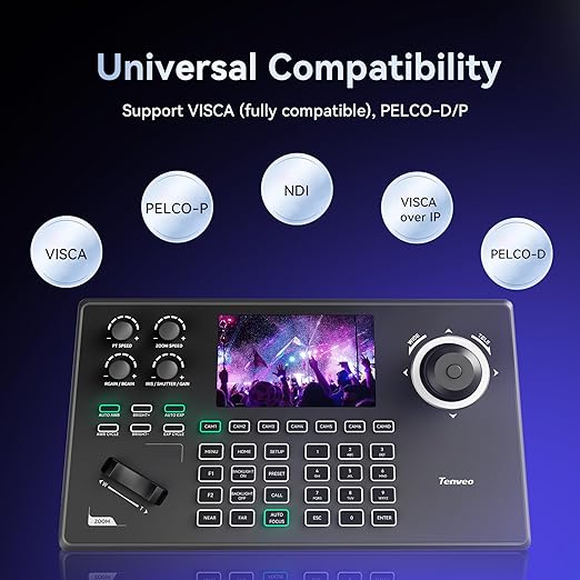 Tenveo NDI PTZ Camera Controller, 5'' LCD Screen Preview, 4D Joystick, PoE IP PTZ Controller Keyboard for Church Worship Live Streaming Broadcasts Events Video Production, NDI License Included