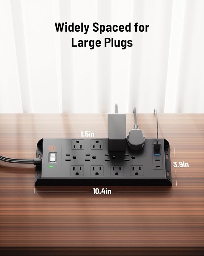 Surge Protector Power Strip 4800J, LeZone 25Ft Long Extension Cord Flat Plug, 12 Outlets 2 USB C 2 USB Ports, Wall Mountable, Desk Charging Station, Black