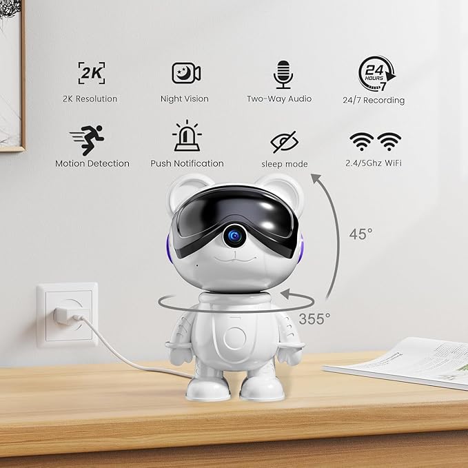Dzcctvipc-Cute Bear-2K Wireless-Smart Robot-Home Security - Camera,Nanny & Pet Motion Monitor,Baby Cry Detection Alarm,Privacy Mode,5G Dual-Band,PanTilt,Full HD Night Vision,24/7 Recording,2-Way Audio