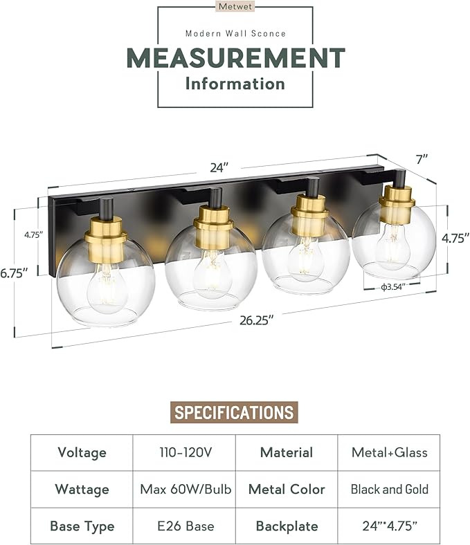 METWET Bathroom Light Fixtures, 4-Light Black and Gold Bathroom Vanity Light, 26 Inch Modern Wall Sconces with Globe Clear Glass Shade, Vanity Lighting Fixtures Over Mirror, VL195-KG-4