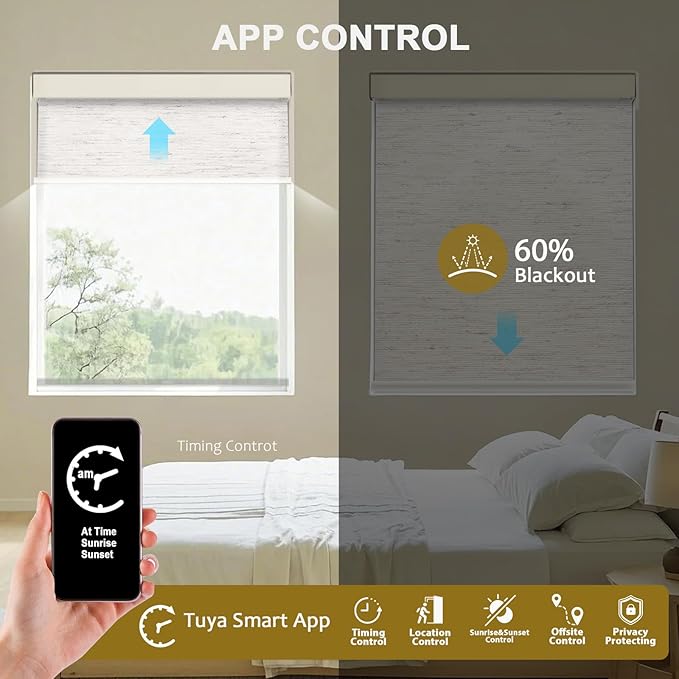 COOLWINDS Motorized Blinds with Remote Cordless Automatic Motorized Shades Custom Blinds for Windows Smart Curtains Compatible with Alexa Google Home(Light Filtering Linen Sandy Beach,W51 x H72in)