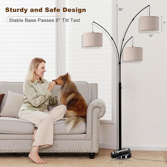 Fansdrick Floor Lamps for Living Room, 2400LM Super Bright Arc Floor Lamp with Remote Control, 3 Light Tall Floor Lamps with Stepless Dimmable, 80" Mid Century Tree Floor Lamp for Bedroom, Office