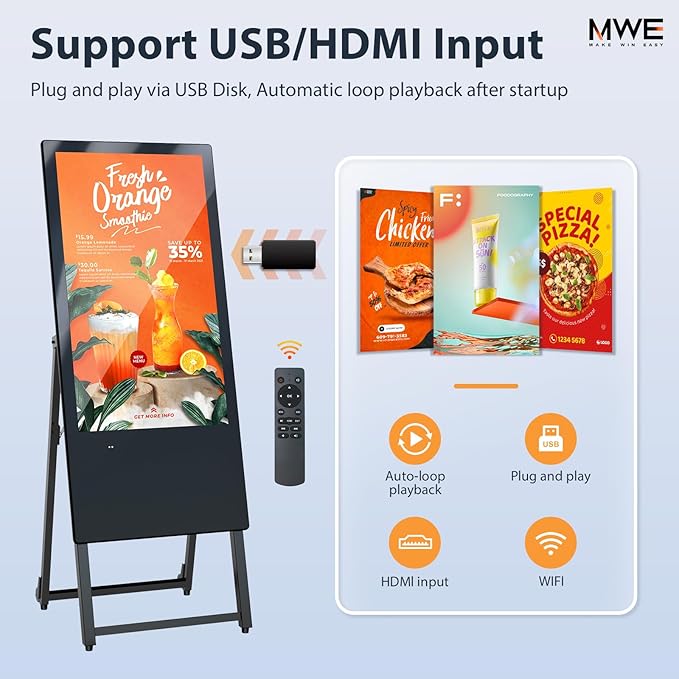 QIXZOCV MWE 32 Inch Digital Signage Display, Portable LCD Digital Kiosk, Advertising Display Poster, Android Kiosk with Auto Media Player, HDMI/USB