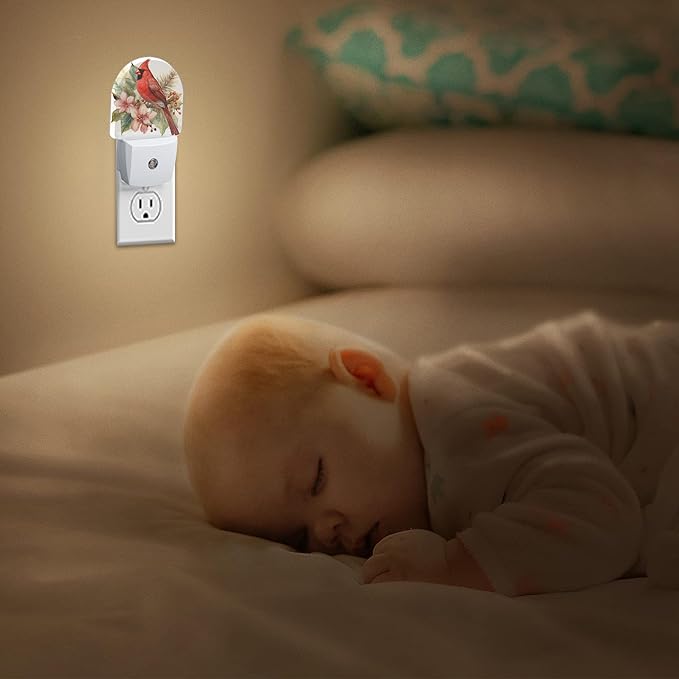YESPOAK Night Light,Red Cardinal Bird Flowers Night Lights Plug Into Wall for Bedroom Bathroom Kitchen Hallway Stairs Hallway, Plug-in, Energy Efficient Decor Desk Lamp Gifts
