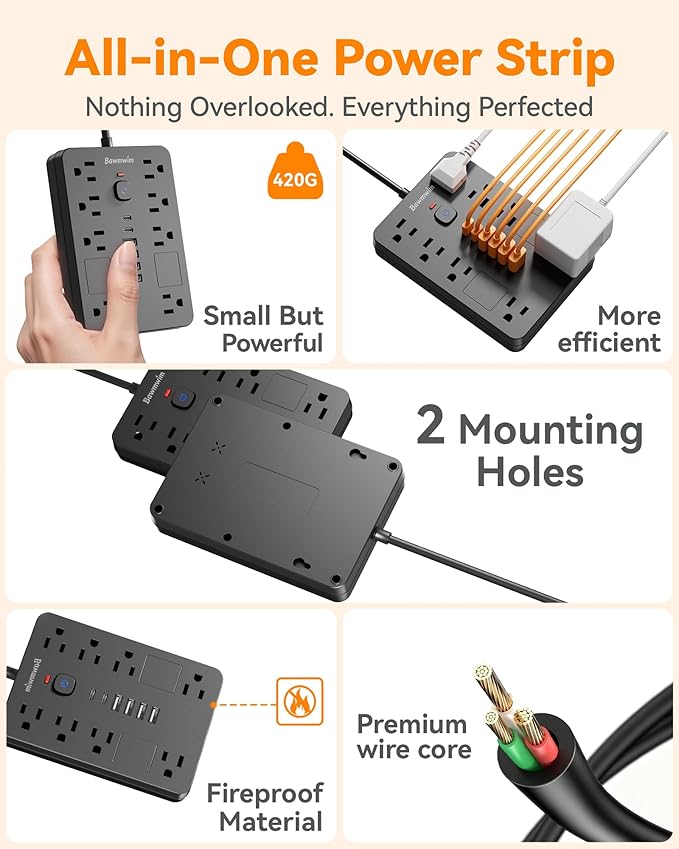 Bawmwim Surge Protector Power Strip - 8 Outlets(1850W/15A) with 6 USB Ports（2 USB C, 6FT Flat Plug Extension Cord, Wall Mount Multi Plug Outlet Extender, ETL Listed for Home, Dorm Room, Black