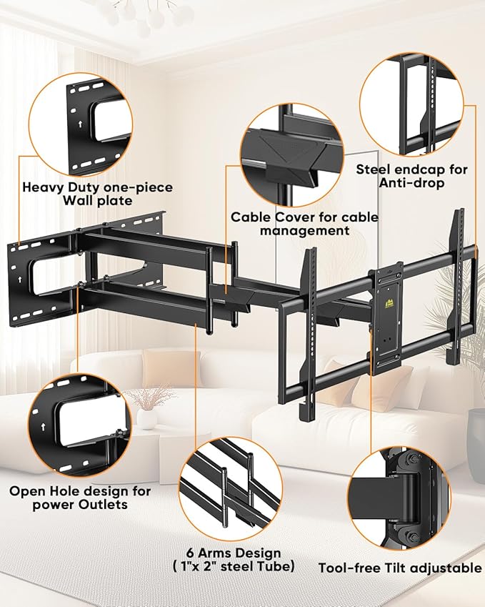 Heavy Duty Long Arm TV Wall Mount for Most 42-95 inch TVs,Full Motion TV Mount with 42.6" Extension Arms,Tilt Swivel Wall Mount Bracket Fits 16-24" Studs Holds 220 lbs,VESA 800x400MM by FORGING MOUNT