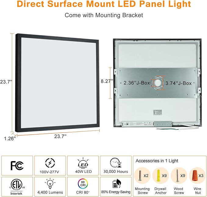 Mcacggo 2x2 FT LED Flush Mount Panel Light 5000K 4000K 3000K Selectable & Dimmable, Black Square Surface Mount led Ceiling Light, 40W, 4400LM, 100-277V, ETL Listed, 2 Pack