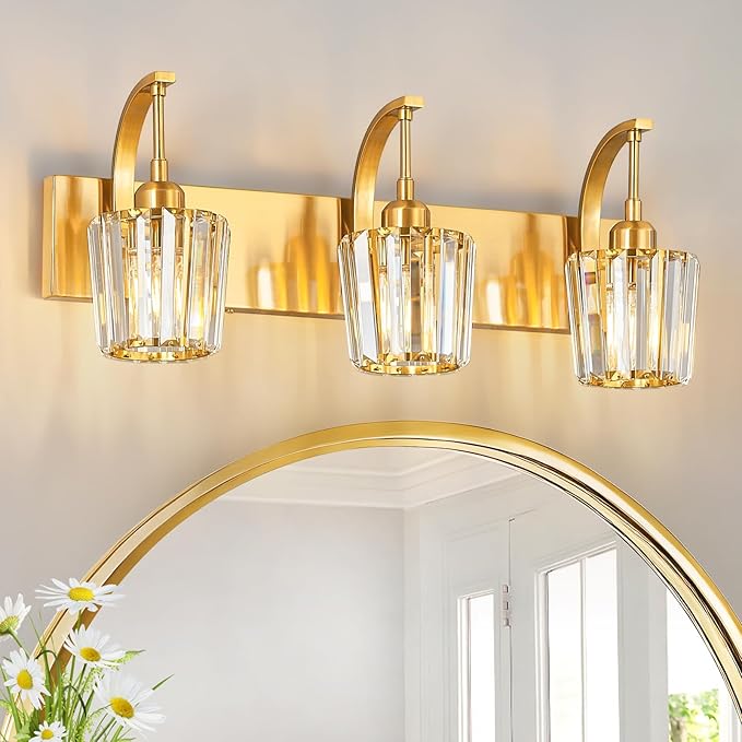 FDPBY Modern Bathroom Vanity Light, 3-Light Gold Wall Sconce with Crystal Accents, Over Mirror Bathroom Lighting Fixture, 23.62" Long Dimmable Vanity Lamp for Makeup, Easy Installation