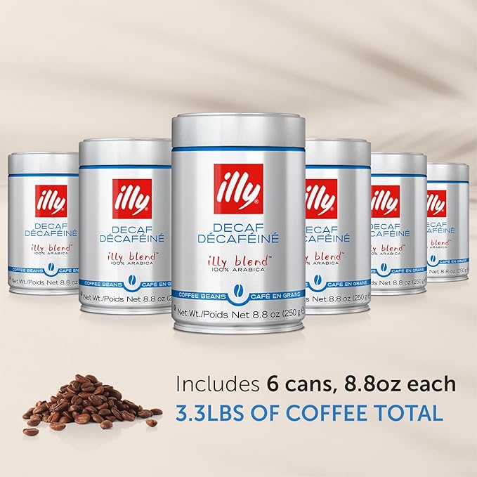 illy Decaf Whole Bean Coffee, Classico Decaffeinated Medium Roast, 100% Arabica, Premium Italian Coffee, Ideal for Espresso, Drip, Moka and French Press Brewing, 8.8oz, 6 Pack