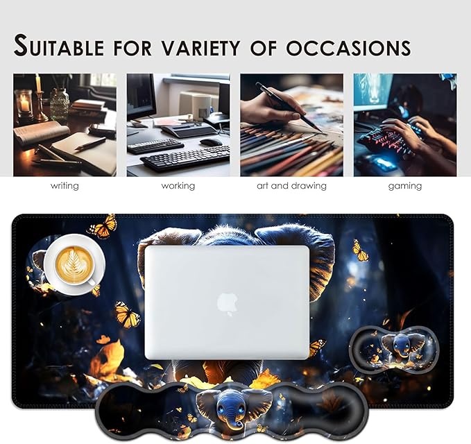 BFUKVOU Large Keyboard Mouse Pad Set, Extended Mouse Pad+Keyboard Wrist Rest Support, Memory Foam Ergonomic Easy Typing, 4Pcs (31.5×11.8 in) Desk Pad Set for Office Home,Cute Elephant with Butterflies