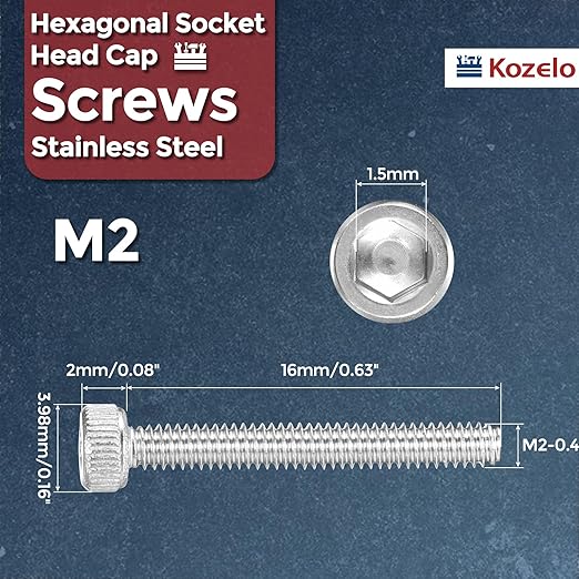 Kozelo 100pcs Socket Head Cap Screws - [M2-0.4 x 16mm] 304 Stainless Steel Allen Socket Drive for Electrical Motor 3D Printing Fan Engine Replacement Use, Silver