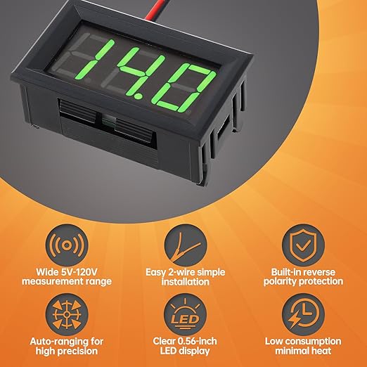 DiGiYes 5 Pack DC 5-120V Digital Mini Voltmeter 2 Wire 0.56 inch LED Display Panel Voltage Meter for Car Motorcycle Battery Monitor (Green)