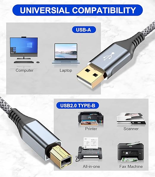 Printer Cable 10ft, USB 2.0 USB-A to USB-B Midi Cable High Speed Nylon Braided Cord for HP Canon Brother Dell Epson More Printers, Digital Piano, Midi Keyboard DJ Controller, Microphone, Mixer