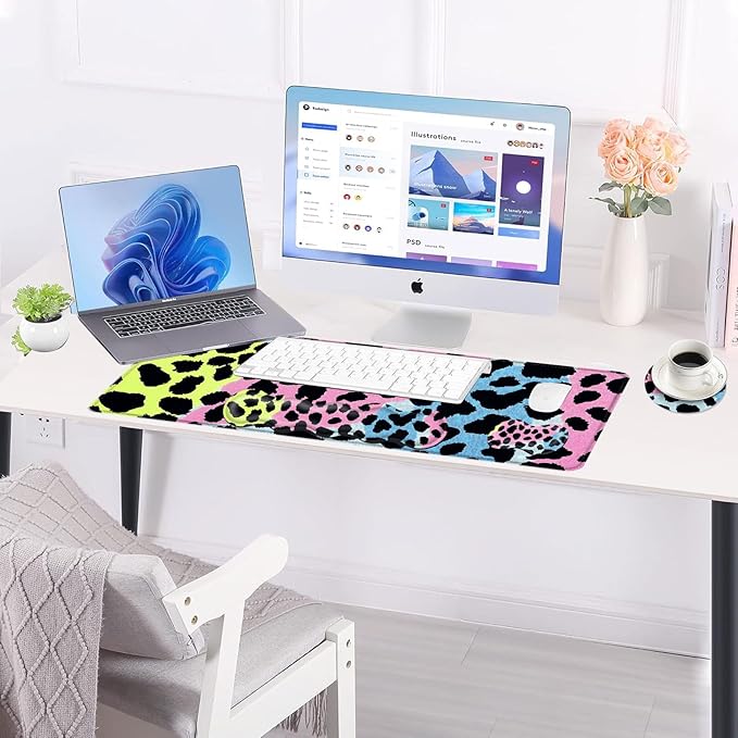 BFUKVOU Large Keyboard Mouse Pad Set, Extended Mouse Pad+Keyboard Wrist Rest Support, Memory Foam Ergonomic Easy Typing, 4Pcs (31.5×11.8 in) Desk Pad Set for Office Home,Leopard Print