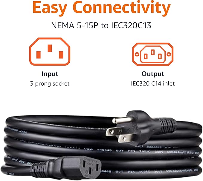 Amazon Basics PC Power Cord, 10 feet, 5-Pack, AC Power Cord for Monitor, Computer, TV, 3 Prong, 18 AWG, 125 Volts, Black
