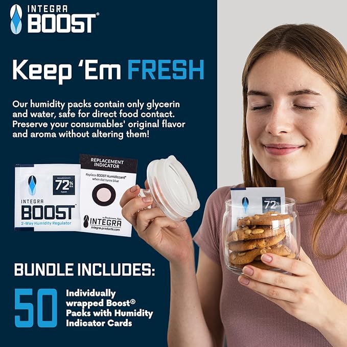 Integra Boost 2-Way Humidity Control Pack - Preserve Flavor & Control Humidity at 72% RH - Moisture Absorber for Herbs, Spices & More - 8 Gram (Pack of 50)