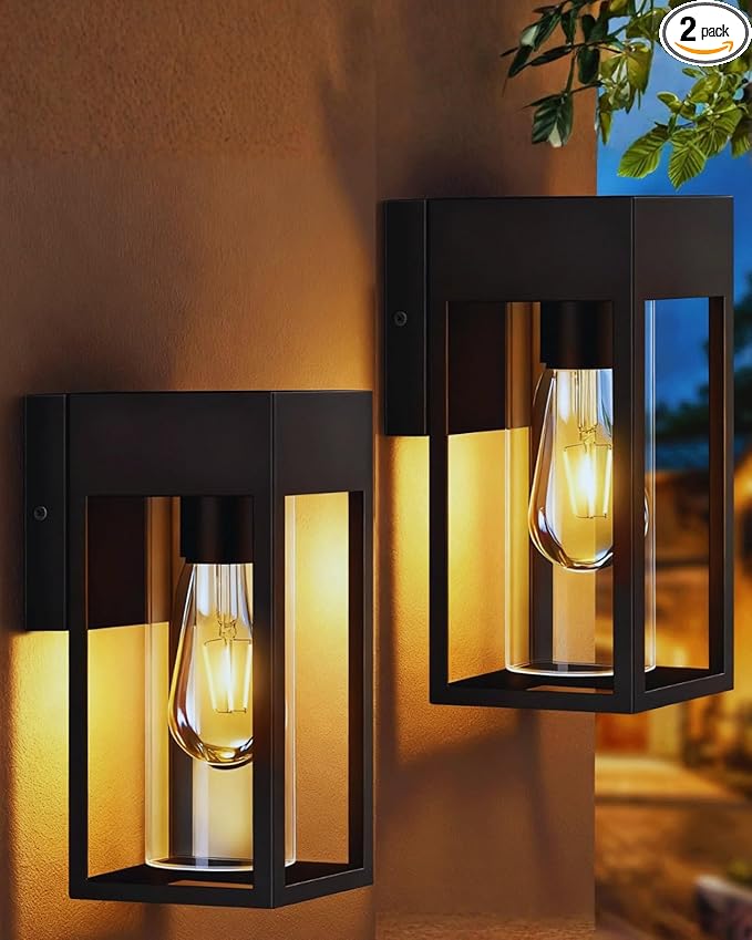 LWSOY 2-Pack Outdoor Wall Light Fixtures, Waterproof Exterior Wall Lanterns, Porch Lights with E26 Sockets & Cylinder Glass Shades, Modern Matte Black Wall Sconce for Porch Patio Garage
