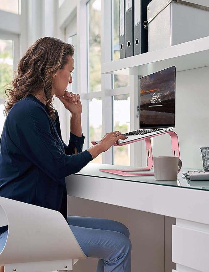 SOUNDANCE Laptop Stand, Aluminum Computer Riser, Ergonomic Laptops Elevator for Desk, Metal Holder Compatible with 10 to 15.6 Inches Notebook Computer, Gold Pink
