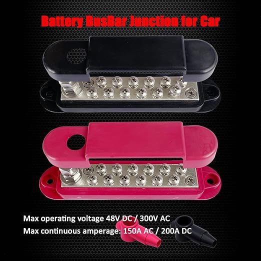 1/4" Stud Power Distribution Block Bus Bar with 12 x #8 Screws, Ampper 5.3" 12V 150A Marine BusBar Battery Distribution Block W/Cover for Car Audio Boat Solar (Red & Black)