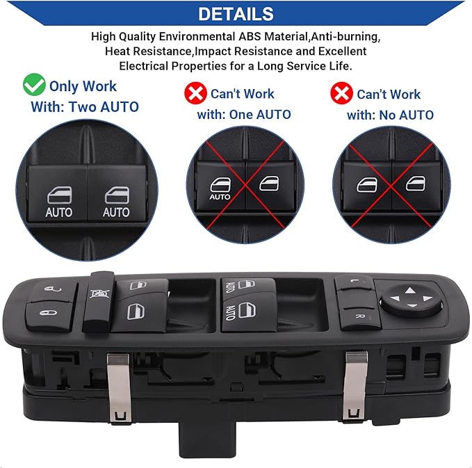 Obaee Driver Side Window Switch Power Control Button Compatible with 2010-2011 Chrysler Town & Country, Dodge Grand Caravan, Replacement OEM 04602535AH 04602535AI, Double Auto Green Light