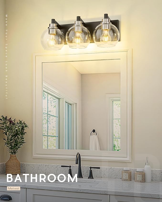 METWET Bathroom Light Fixtures, 3-Light Black and Brushed Nickel Bathroom Vanity Light, Modern Wall Sconces with Globe Clear Glass Shade, Vanity Lighting Fixtures Over Mirror, VL195-KN-3