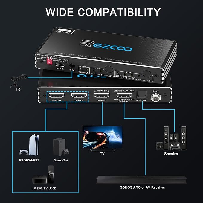 4K@120Hz HDMI 2.1 Switch 2 in 1 Out with Audio Extractor VRR ALLM HDCP2.3 ARC eARC HDR CEC SPDlF Optical Audio Out D-o-l-b-y Digital EDID for PS5 Xbox NVIDIA AMD