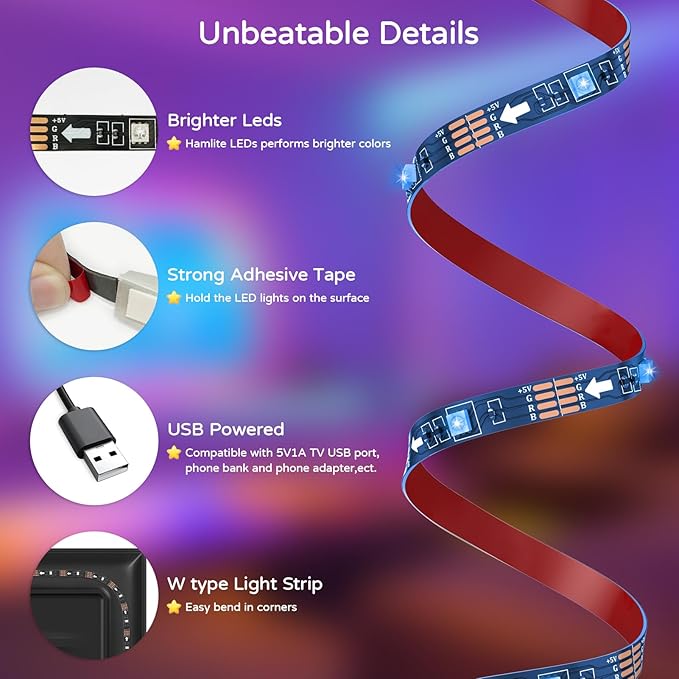 HAMLITE Led Lights for TV 70 75 80 82 Inches, 18Ft USB TV LED Backlight Behind TV Monitor HDTV Wall Work Space Decor -RGB Color Changing Led Strip Lights for Gaming Room Decor, Ambient Lighting