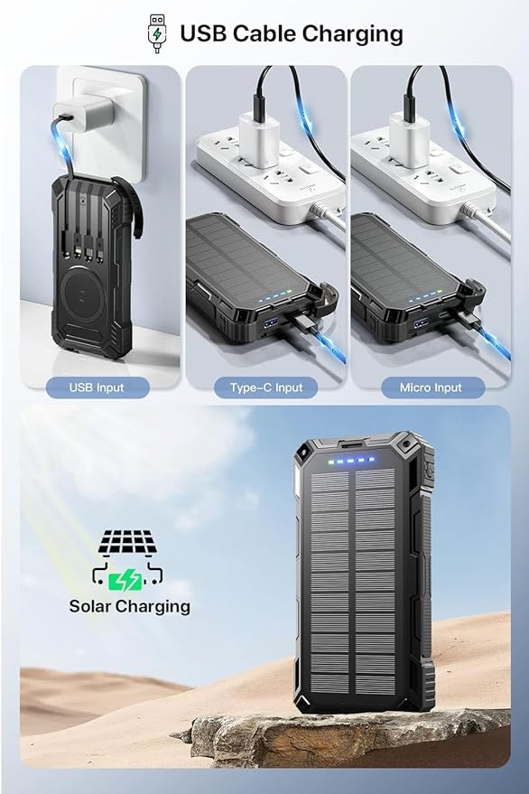 jskei Power Bank 49800mAh Solar Portable Charger Wireless Charging USB-C 15W Fast Charging with 4 Built-in Cables LED Flashlight Battery Pack Compatible with iPhone, iPad, Perfect for Camping,Hiking