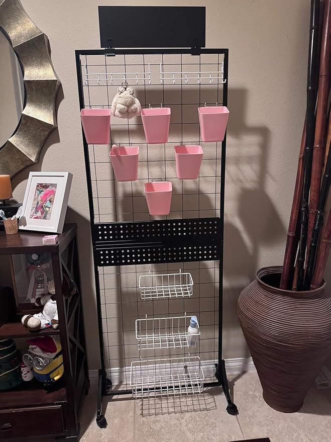 DEMEGA 6' x 2' Ft Grid Wall Panel, Pegboard Gridwall Display Stand with Notice board, Sturdy Floorstanding Wire Grid Rack, Movable Silent Wheel for Home Organization Retail Trade Art Craft Show Vendor