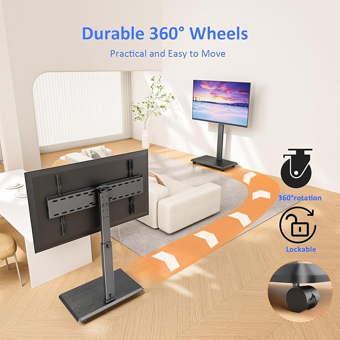 Afaloona Rolling TV Stand, Portable Mobile TV Stand for 32-75 Inch TVs up to 110 lbs, 18 Adjustable Heights, Max VESA 600x400mm, Rolling TV Cart on Wheels with Mount for Bedroom, Office, Outdoor
