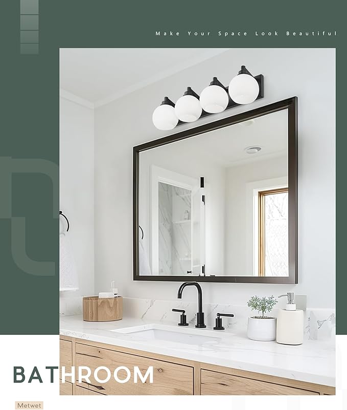 METWET Bathroom Light Fixtures, 4 Light Matte Black Vanity Light, 26 Inch Modern Wall Sconces with Globe Milk White Glass Shade, Vanity Lighting Fixtures Over Mirror, VL195-MB-ML-4