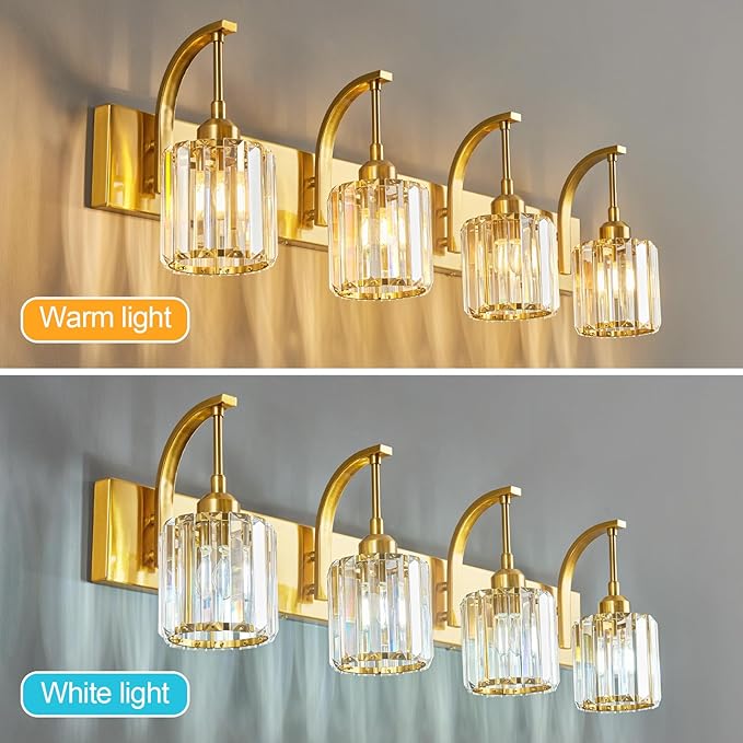 FDPBY 4-Light Crystal Vanity Light, Modern Gold Bathroom Wall Sconce with K9 Crystal Shades, 32.67" Long Over Mirror Lighting for Vanity, Makeup, Hallway, Elegant & Easy Install