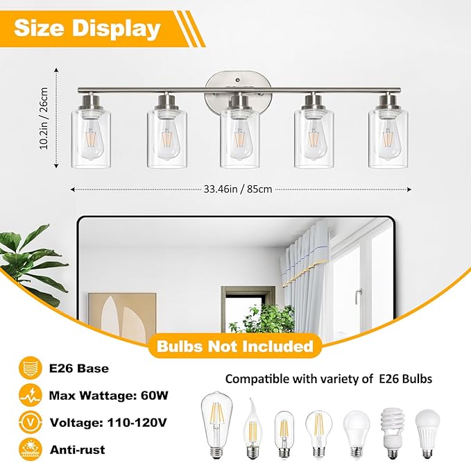 Unicozin Bathroom Light Fixtures, 5 Light Vanity Lights for Bathroom, Brushed Nickel Wall Lamp with Clear Glass for Mirror, Living Room, Hallway, Cabinet, E26 Base