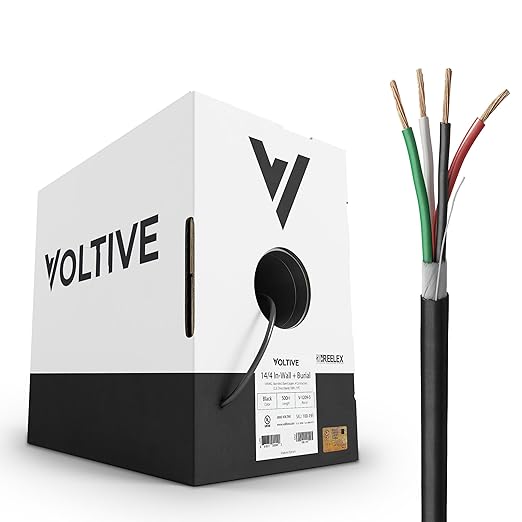 Voltive 14/4 Speaker Wire, in-Wall CL3 & Direct Burial, Black, 500ft - 14AWG, 4 Conductors, Stranded Oxygen-Free Copper, UL Listed - V-1209-5