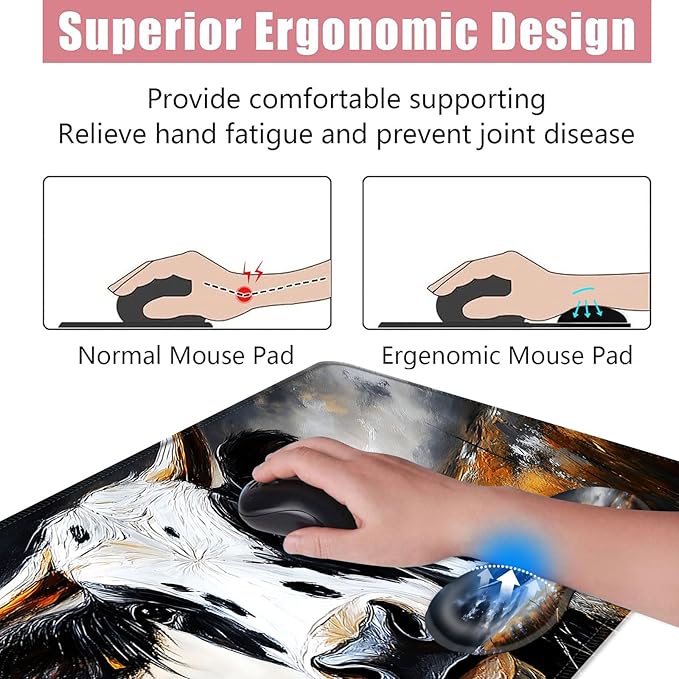 BFUKVOU Large Keyboard Mouse Pad Set, Extended Mouse Pad+Keyboard Wrist Rest Support, Memory Foam Ergonomic Easy Typing, 4Pcs (31.5×11.8 in) Desk Pad Set for Office Home,Cute Cow