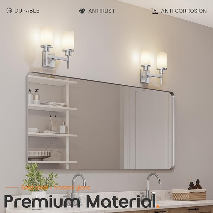 AONEON Bathroom Light Fixtures Brushed Nickel Vanity Lights with White Frosted Glass Shade, Double Wall Lamps for Mirror Kitchen Living Room Porch T001BR-L2
