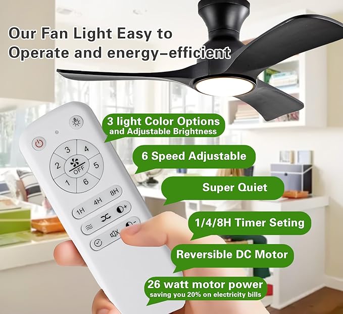 Ceiling Fans with Lights, 42 Inch Low Profile Ceiling Fan with Light, Flush Mount Celing Fan, 3CCT 3 Blades Wood Fans,Walnut Fan for Kid's Rooms Bedroom Study Garage (Black Ceiling Fan)