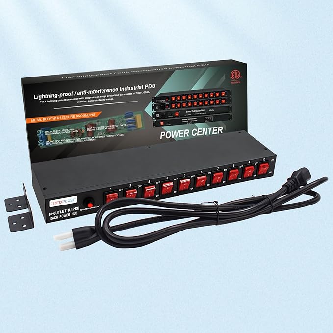 1U PDU Horizontal Rackmount Power Strip - Surge Protector 10 NEMA 5-15R Outlet 100V-240V/15A 1800 Joules, 10 Independent LED Switches, w/6 ft Cord, for Network Server, ETL Listed, by CENTROPOWER