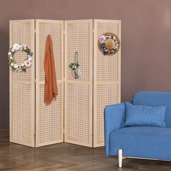 Bonnlo 4 Panel Pegboard Freestanding, 5 FT Portable Display Board Organizer for Craft Show Jewelry, Wooden Folding Privacy Screen Room Divider (Without Base, Natural)