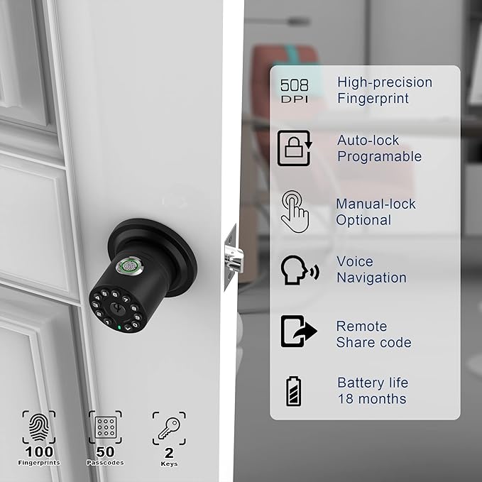 iuknob Fingerprint Door Knob with Keypad and Key, Smart Biometric Digital Lock with Voice Navigation Programming, Combination Zinc Electronic Handle for Interior Doors, Entry Gate,Bedrooms,Garage.