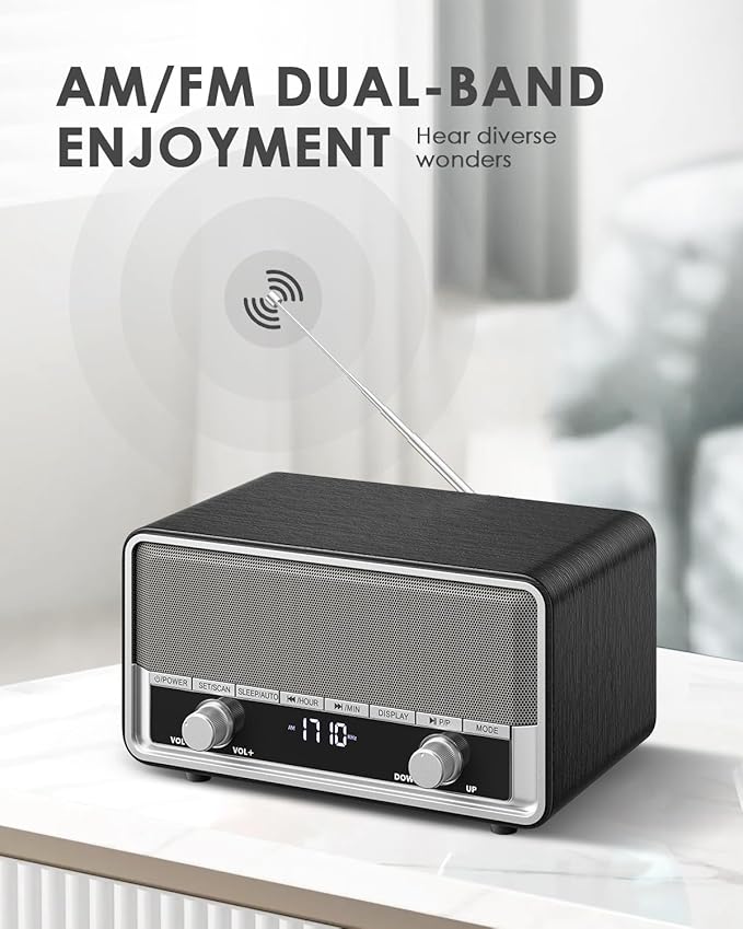 Vintage Wood AM FM Clock Radio with Bluetooth, Digital Clock Radio for Bedroom with LCD Display | 40 Presets | Sleep Timer | No Alarm, Retro Bluetooth Speaker for Office,Home, Kitchen (Black)