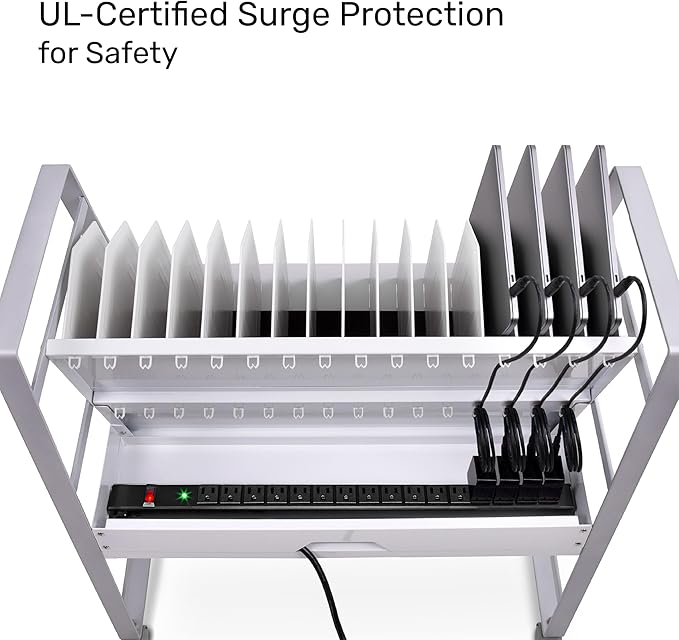 Line Leader 16-Device Mobile Charging Station | Steel Rolling Cart for Laptops, Tablets, & Chromebooks | Open Design with Dividers & UL-Certified Surge Protection | Portable Charging Stand (White)