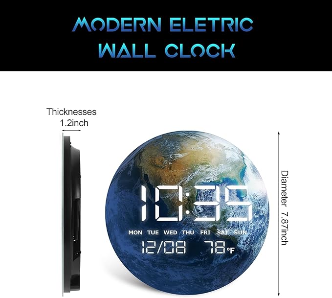 HOMLOVE Digital Desk Clock with Large LED Display, Earth Modern Date Temperature Clock [TYPC-in] for Shelf, Table, Mantel or Bedside, (Earth, 7.87 INCH)