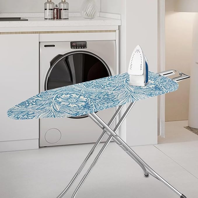 ZCFYGDX William Morris Decor Ironing Board Cover - Elastic Edges Nylon Buckle Straps Hook & Loop Fastener Strap,Easy to Install Scorch-Resistant Stain Resistant Standard,Blue Floral Leaf Print